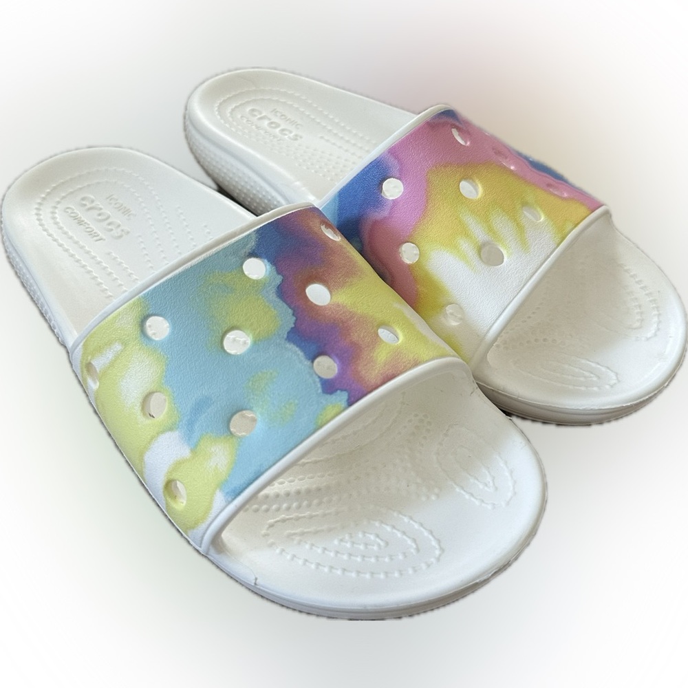 Crocs Classic Iconic Pastel Tie-Dye Pink Yellow Blue Slide Sandals 6